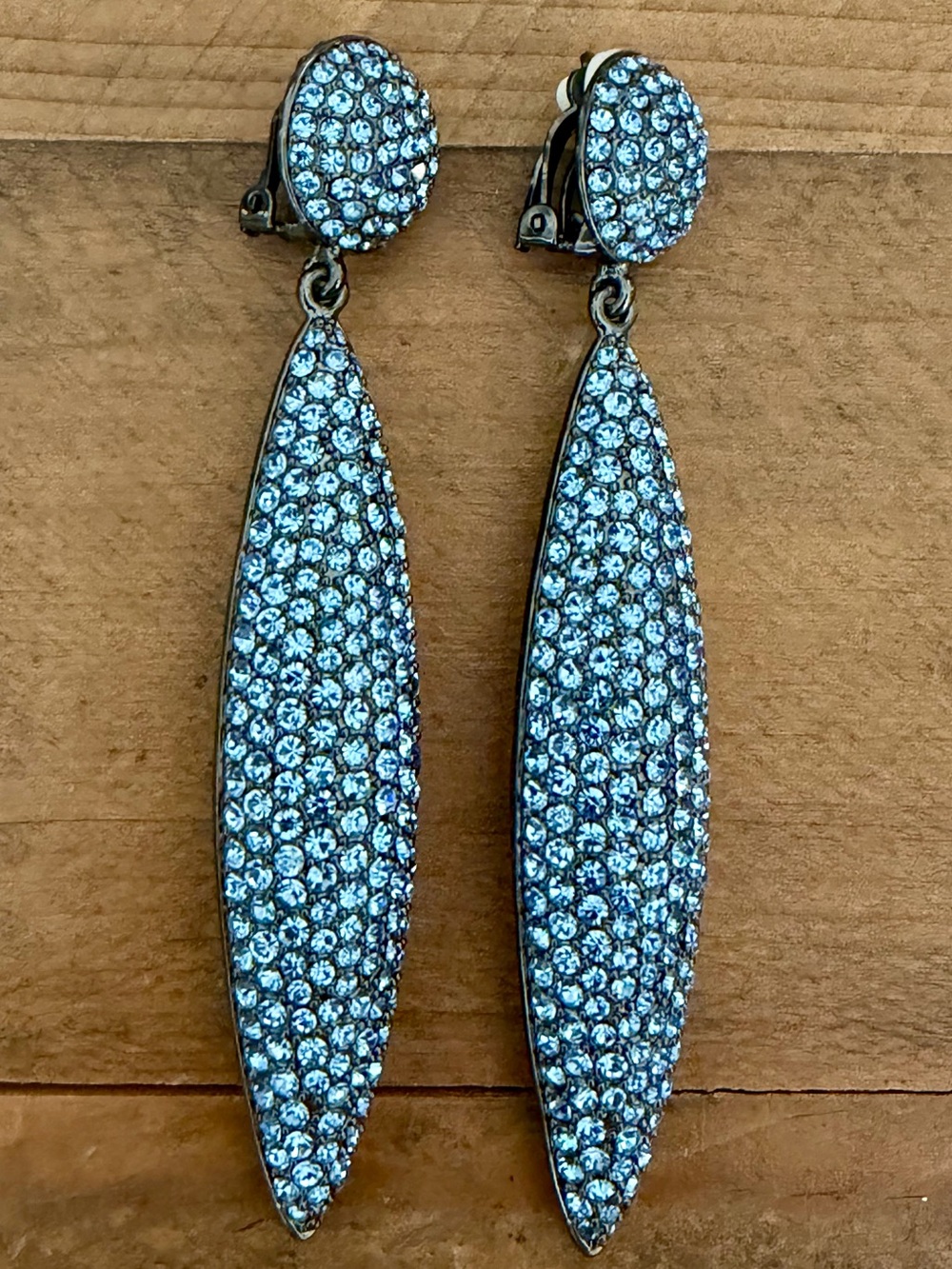 VINTAGE JOAN BOYCE CRYSTAL PAVE ELONGATED LEAF DROP EARRINGS, ICY BLUE STATEMENT